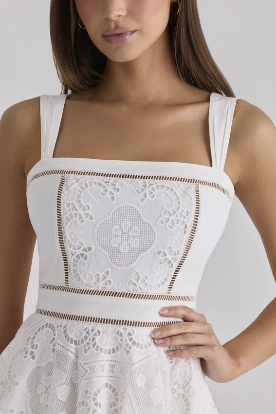 Ava White Custom Lace Cotton Broderie Anglaise Mini Sundress Ava White Custom Lace Cotton Broderie Anglaise Mini Sundress