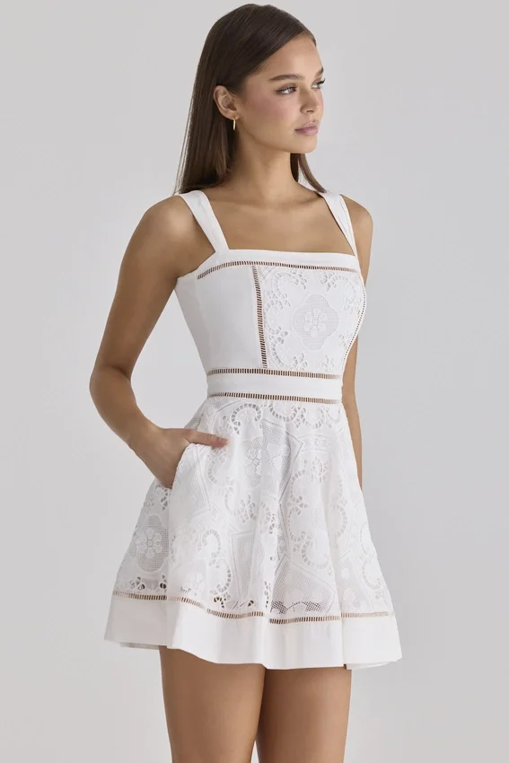 Ava White Custom Lace Cotton Broderie Anglaise Mini Sundress Ava White Custom Lace Cotton Broderie Anglaise Mini Sundress