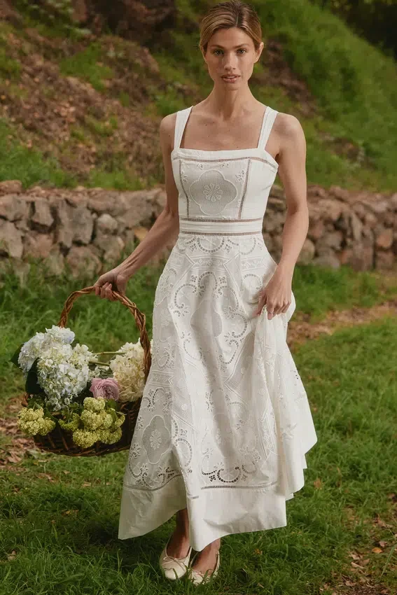 Ava White Stretch Cotton Broderie Anglaise Midi Dress Ava White Stretch Cotton Broderie Anglaise Midi Dress