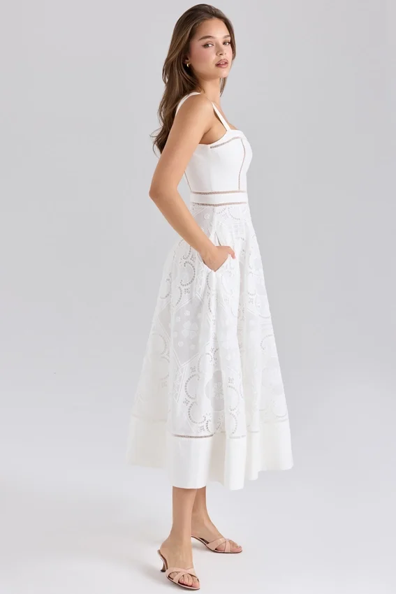 Ava White Stretch Cotton Broderie Anglaise Midi Dress Ava White Stretch Cotton Broderie Anglaise Midi Dress