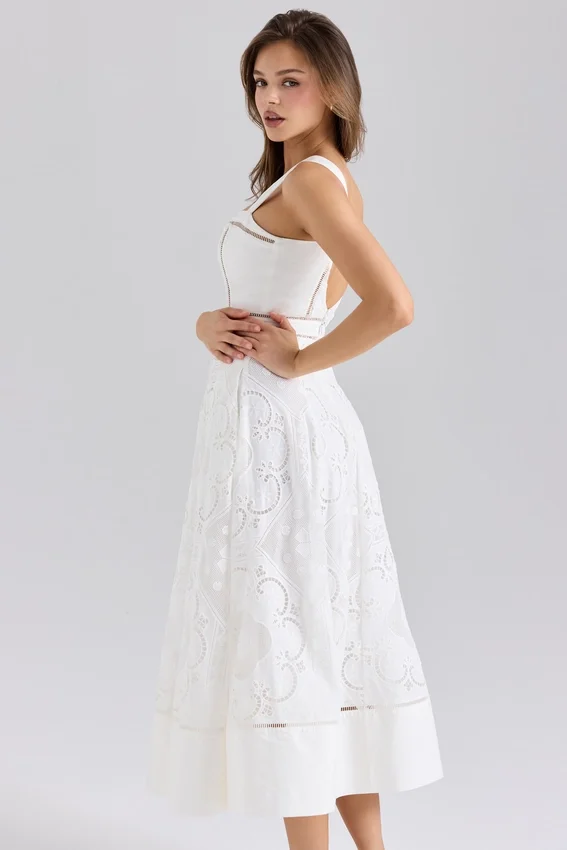 Ava White Stretch Cotton Broderie Anglaise Midi Dress Ava White Stretch Cotton Broderie Anglaise Midi Dress