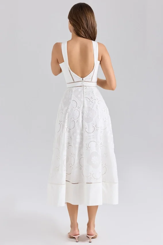 Ava White Stretch Cotton Broderie Anglaise Midi Dress Ava White Stretch Cotton Broderie Anglaise Midi Dress