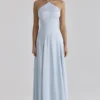 Avelina Blue Satin Halter Neck Godet Maxi Dress Avelina Blue Satin Halter Neck Godet Maxi Dress