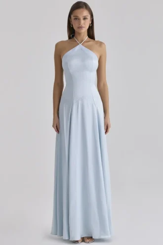 Avelina Blue Satin Halter Neck Godet Maxi Dress
