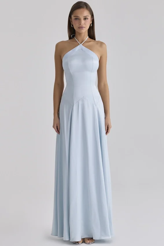 Avelina Blue Satin Halter Neck Godet Maxi Dress Avelina Blue Satin Halter Neck Godet Maxi Dress