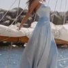 Avelina Blue Satin Halter Neck Godet Maxi Dress Avelina Blue Satin Halter Neck Godet Maxi Dress