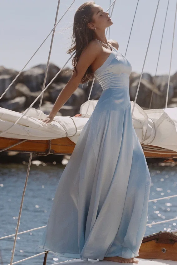 Avelina Blue Satin Halter Neck Godet Maxi Dress Avelina Blue Satin Halter Neck Godet Maxi Dress