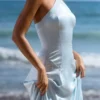 Avelina Blue Satin Halter Neck Godet Maxi Dress Avelina Blue Satin Halter Neck Godet Maxi Dress