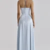 Avelina Blue Satin Halter Neck Godet Maxi Dress Avelina Blue Satin Halter Neck Godet Maxi Dress