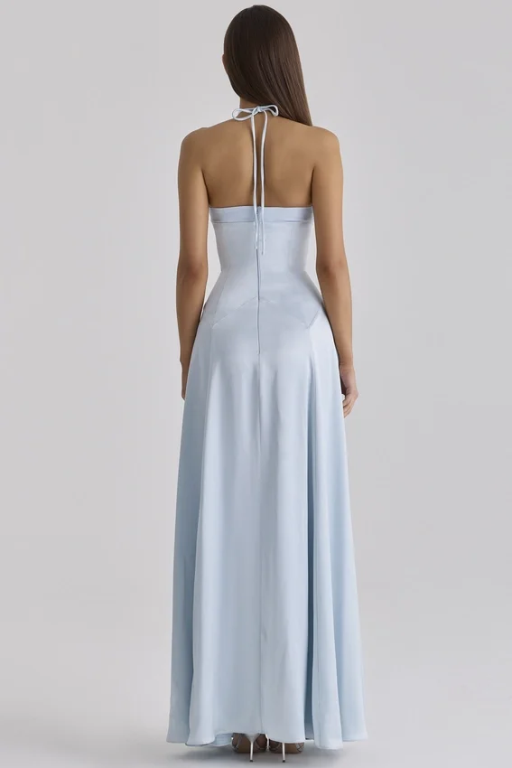 Avelina Blue Satin Halter Neck Godet Maxi Dress Avelina Blue Satin Halter Neck Godet Maxi Dress