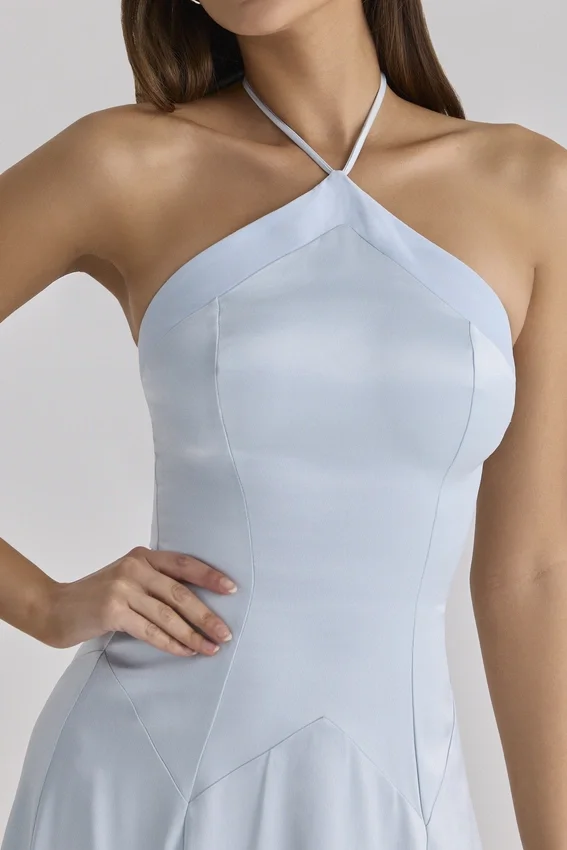 Avelina Blue Satin Halter Neck Godet Maxi Dress Avelina Blue Satin Halter Neck Godet Maxi Dress