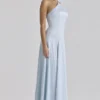 Avelina Blue Satin Halter Neck Godet Maxi Dress Avelina Blue Satin Halter Neck Godet Maxi Dress