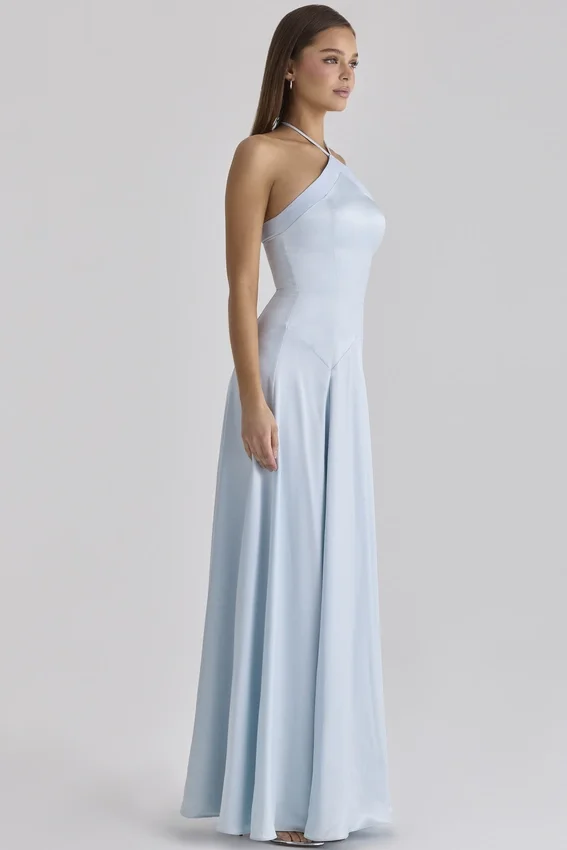 Avelina Blue Satin Halter Neck Godet Maxi Dress Avelina Blue Satin Halter Neck Godet Maxi Dress