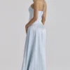 Avelina Blue Satin Halter Neck Godet Maxi Dress Avelina Blue Satin Halter Neck Godet Maxi Dress