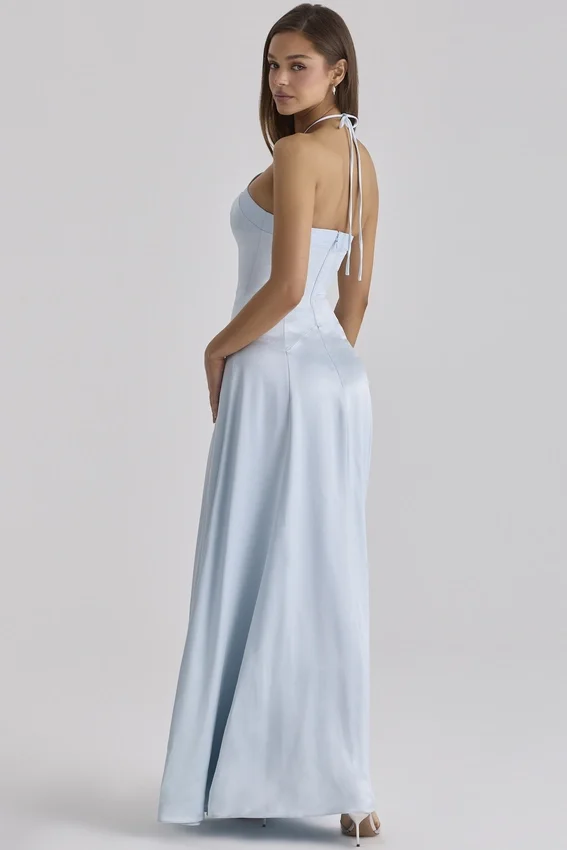 Avelina Blue Satin Halter Neck Godet Maxi Dress Avelina Blue Satin Halter Neck Godet Maxi Dress