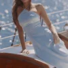 Avelina Blue Satin Halter Neck Godet Maxi Dress Avelina Blue Satin Halter Neck Godet Maxi Dress