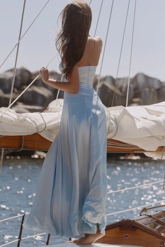 Avelina Blue Satin Halter Neck Godet Maxi Dress Avelina Blue Satin Halter Neck Godet Maxi Dress