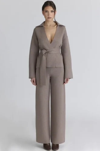 Avery Taupe Wool Wide Leg Trousers