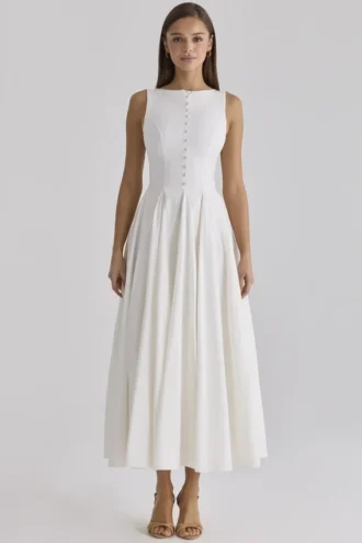 Azalina White Boat Neck Button Front Cotton Maxi Dress