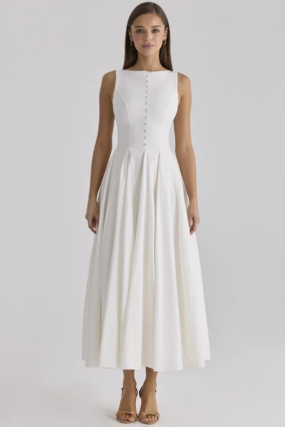 Azalina White Boat Neck Button Front Cotton Maxi Dress Azalina White Boat Neck Button Front Cotton Maxi Dress