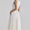 Azalina White Boat Neck Button Front Cotton Maxi Dress Azalina White Boat Neck Button Front Cotton Maxi Dress