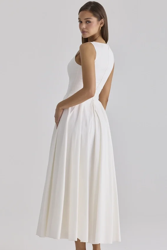 Azalina White Boat Neck Button Front Cotton Maxi Dress Azalina White Boat Neck Button Front Cotton Maxi Dress