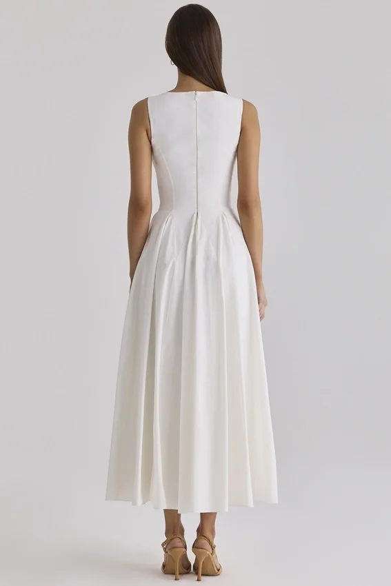 Azalina White Boat Neck Button Front Cotton Maxi Dress Azalina White Boat Neck Button Front Cotton Maxi Dress