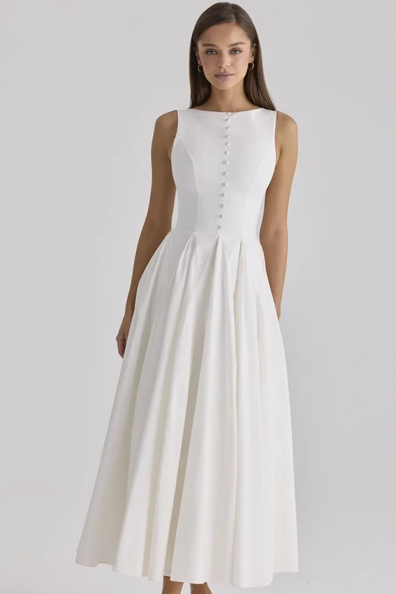 Azalina White Boat Neck Button Front Cotton Maxi Dress Azalina White Boat Neck Button Front Cotton Maxi Dress