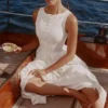 Azalina White Boat Neck Button Front Cotton Maxi Dress Azalina White Boat Neck Button Front Cotton Maxi Dress
