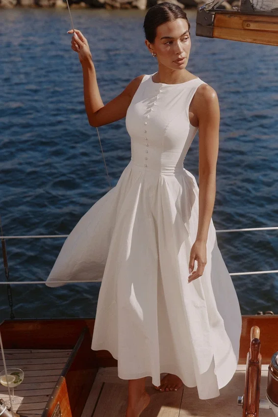 Azalina White Boat Neck Button Front Cotton Maxi Dress Azalina White Boat Neck Button Front Cotton Maxi Dress