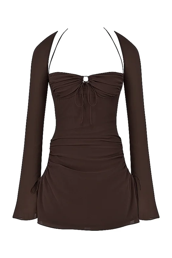 Baby Chocolate Chiffon Cutout Halter Mini Dress Baby Chocolate Chiffon Cutout Halter Mini Dress