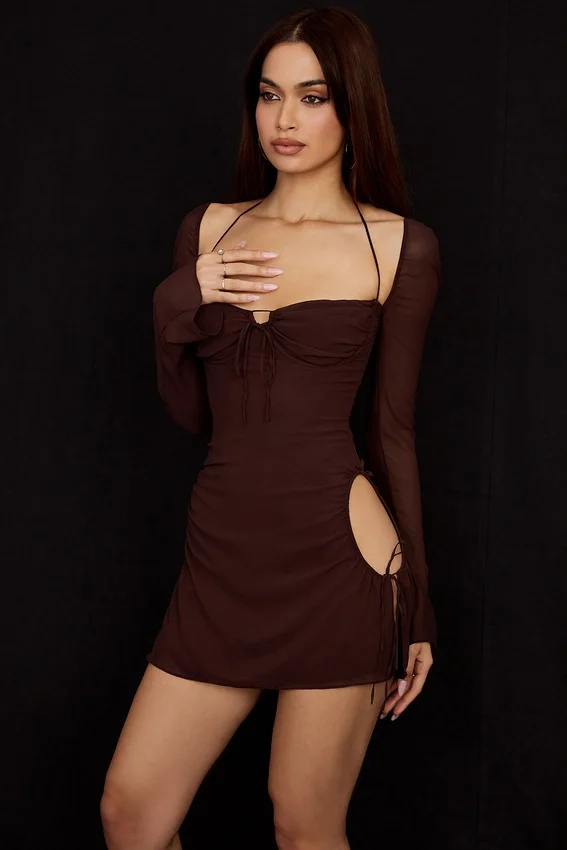 Baby Chocolate Chiffon Cutout Halter Mini Dress Baby Chocolate Chiffon Cutout Halter Mini Dress