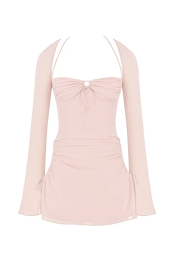 Baby Pink Quartz Chiffon Cutout Halter Mini Dress Baby Pink Quartz Chiffon Cutout Halter Mini Dress