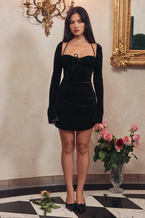Babydoll Black Velvet Halter Mini Dress Babydoll Black Velvet Halter Mini Dress