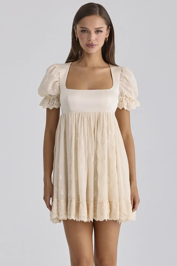 Bambi Ivory Satin + Broderie Anglaise Lace Regency Babydoll Mini Dress Bambi Ivory Satin + Broderie Anglaise Lace Regency Babydoll Mini Dress