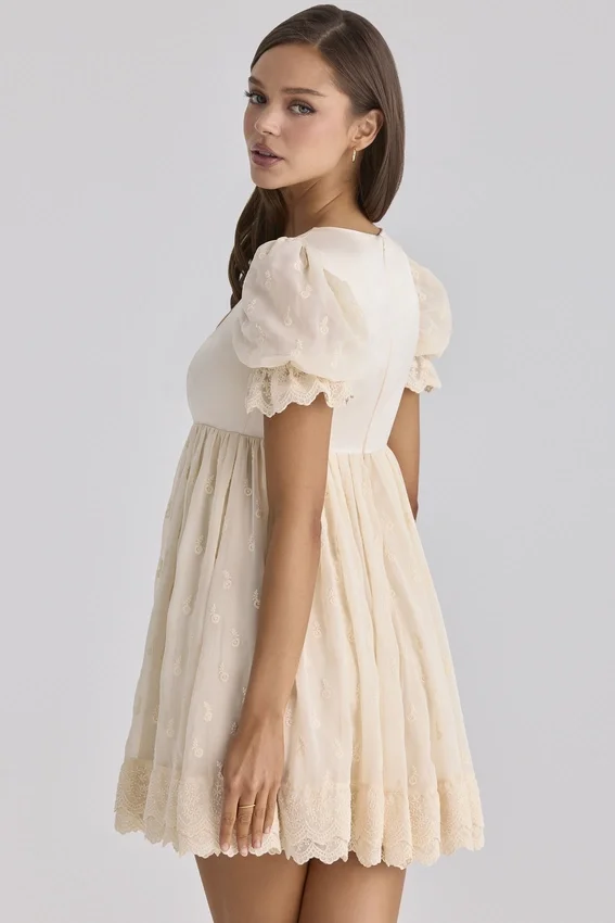 Bambi Ivory Satin + Broderie Anglaise Lace Regency Babydoll Mini Dress Bambi Ivory Satin + Broderie Anglaise Lace Regency Babydoll Mini Dress