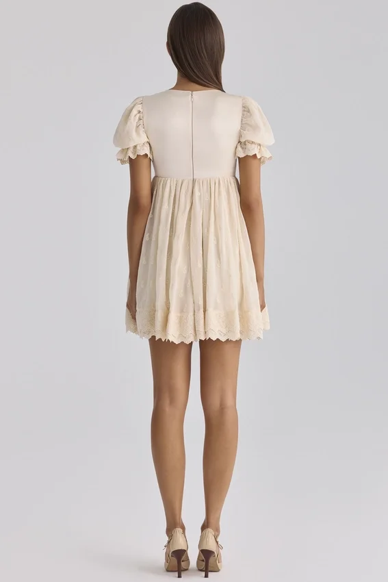 Bambi Ivory Satin + Broderie Anglaise Lace Regency Babydoll Mini Dress Bambi Ivory Satin + Broderie Anglaise Lace Regency Babydoll Mini Dress