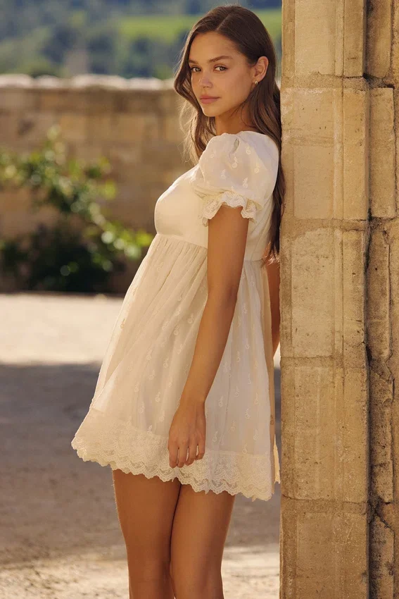 Bambi Ivory Satin + Broderie Anglaise Lace Regency Babydoll Mini Dress Bambi Ivory Satin + Broderie Anglaise Lace Regency Babydoll Mini Dress