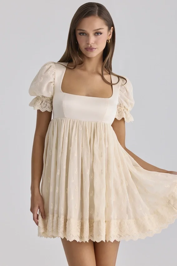 Bambi Ivory Satin + Broderie Anglaise Lace Regency Babydoll Mini Dress Bambi Ivory Satin + Broderie Anglaise Lace Regency Babydoll Mini Dress