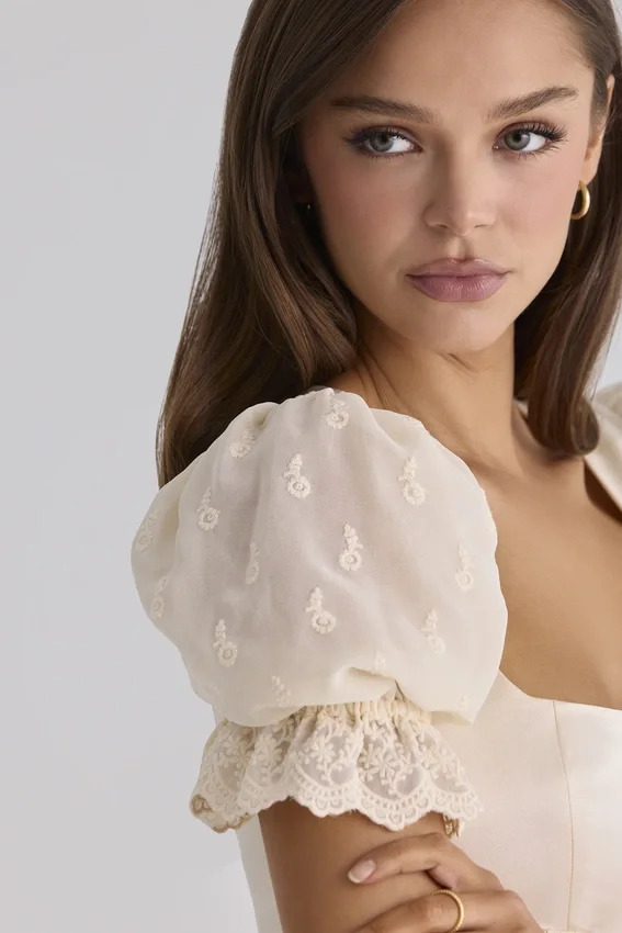 Bambi Ivory Satin + Broderie Anglaise Lace Regency Babydoll Mini Dress Bambi Ivory Satin + Broderie Anglaise Lace Regency Babydoll Mini Dress