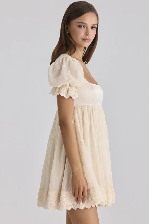 Bambi Ivory Satin + Broderie Anglaise Lace Regency Babydoll Mini Dress Bambi Ivory Satin + Broderie Anglaise Lace Regency Babydoll Mini Dress