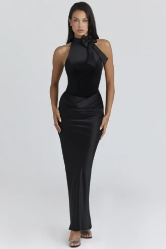 Beau Black Satin Draped Maxi Skirt