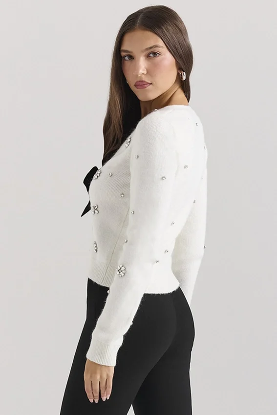Beaubella Ivory Soft Mohair Embellished Cardigan Beaubella Ivory Soft Mohair Embellished Cardigan
