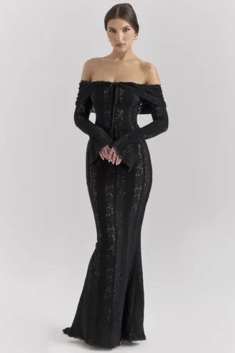 Belle Black Off Shoulder Floral Lace Maxi Dress