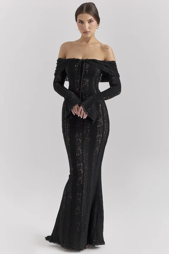 Belle Black Off Shoulder Floral Lace Maxi Dress Belle Black Off Shoulder Floral Lace Maxi Dress