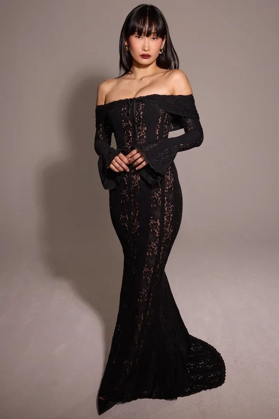 Belle Black Off Shoulder Floral Lace Maxi Dress Belle Black Off Shoulder Floral Lace Maxi Dress