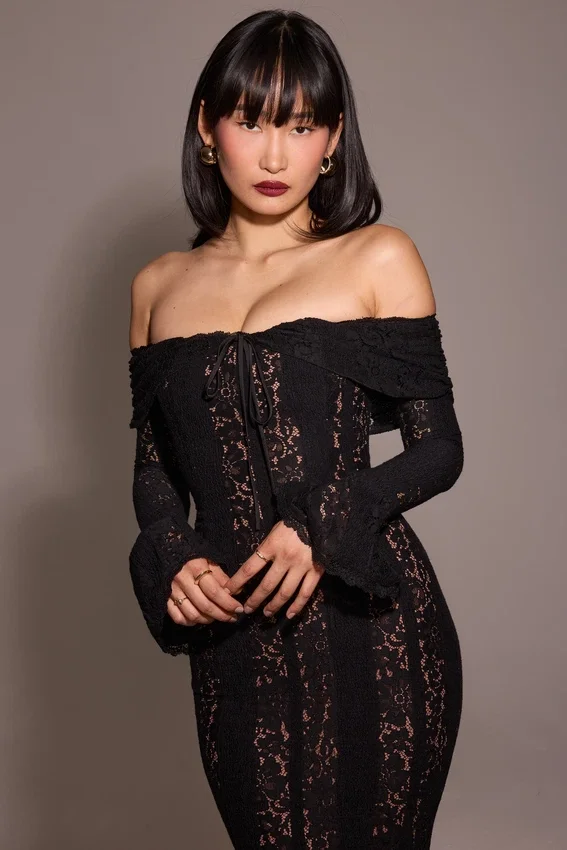 Belle Black Off Shoulder Floral Lace Maxi Dress Belle Black Off Shoulder Floral Lace Maxi Dress