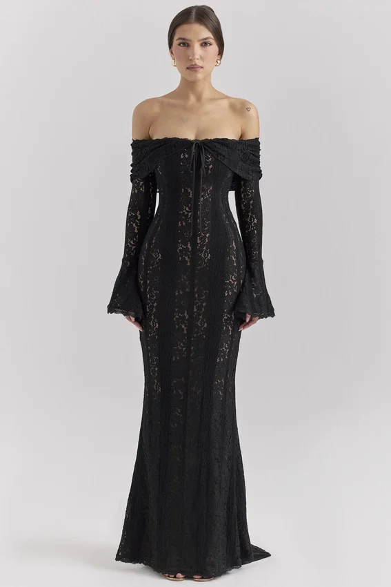 Belle Black Off Shoulder Floral Lace Maxi Dress Belle Black Off Shoulder Floral Lace Maxi Dress