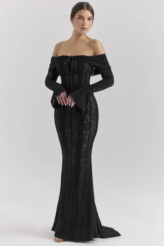 Belle Black Off Shoulder Floral Lace Maxi Dress Belle Black Off Shoulder Floral Lace Maxi Dress