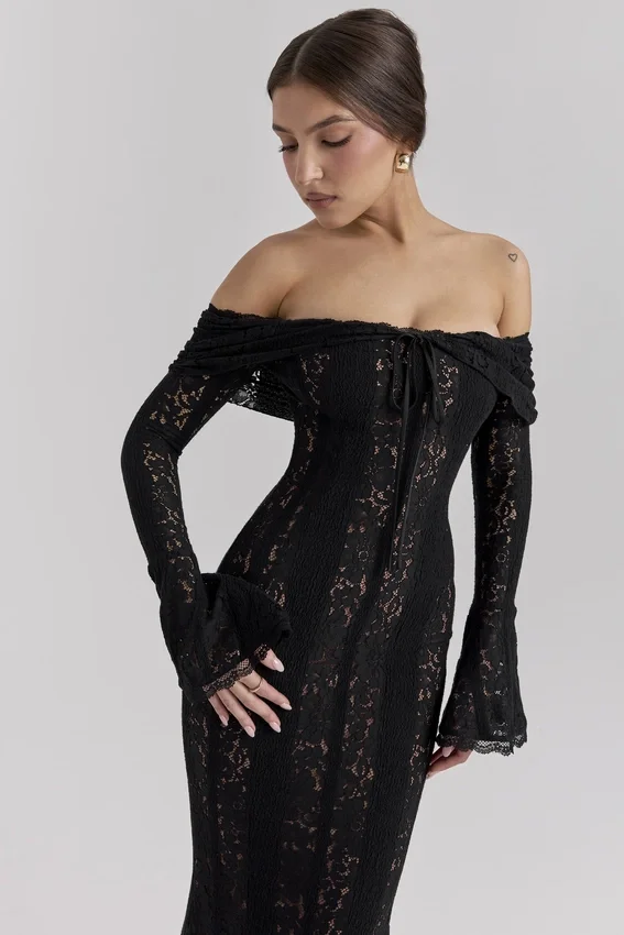Belle Black Off Shoulder Floral Lace Maxi Dress Belle Black Off Shoulder Floral Lace Maxi Dress